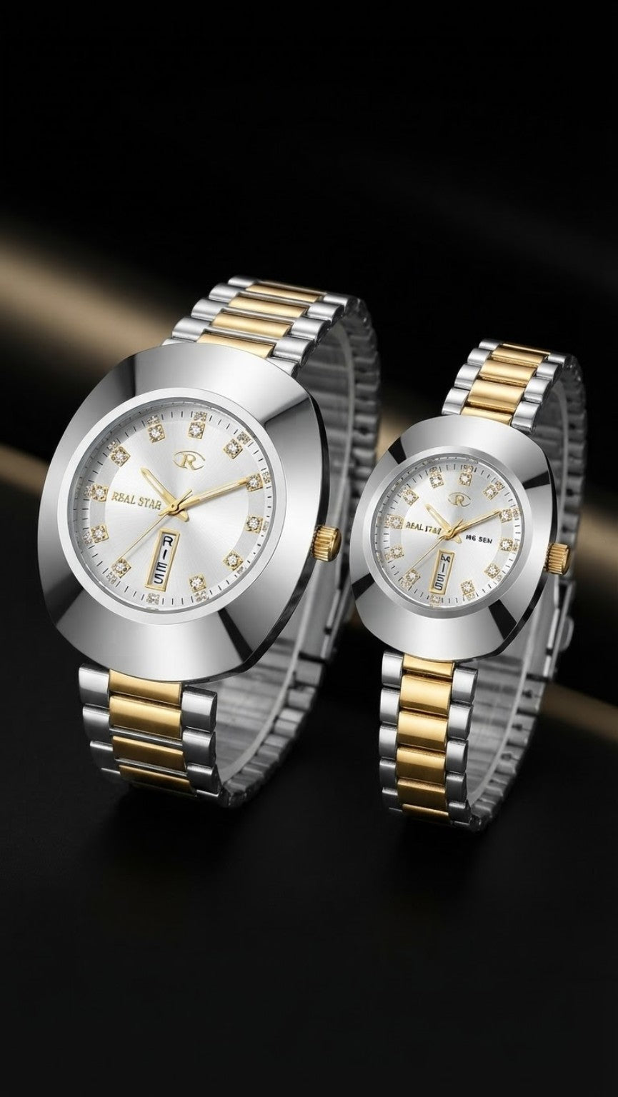 REAL STAR men's two-tone silver and gold wristwatch with white decorative dial and metal link bracelet