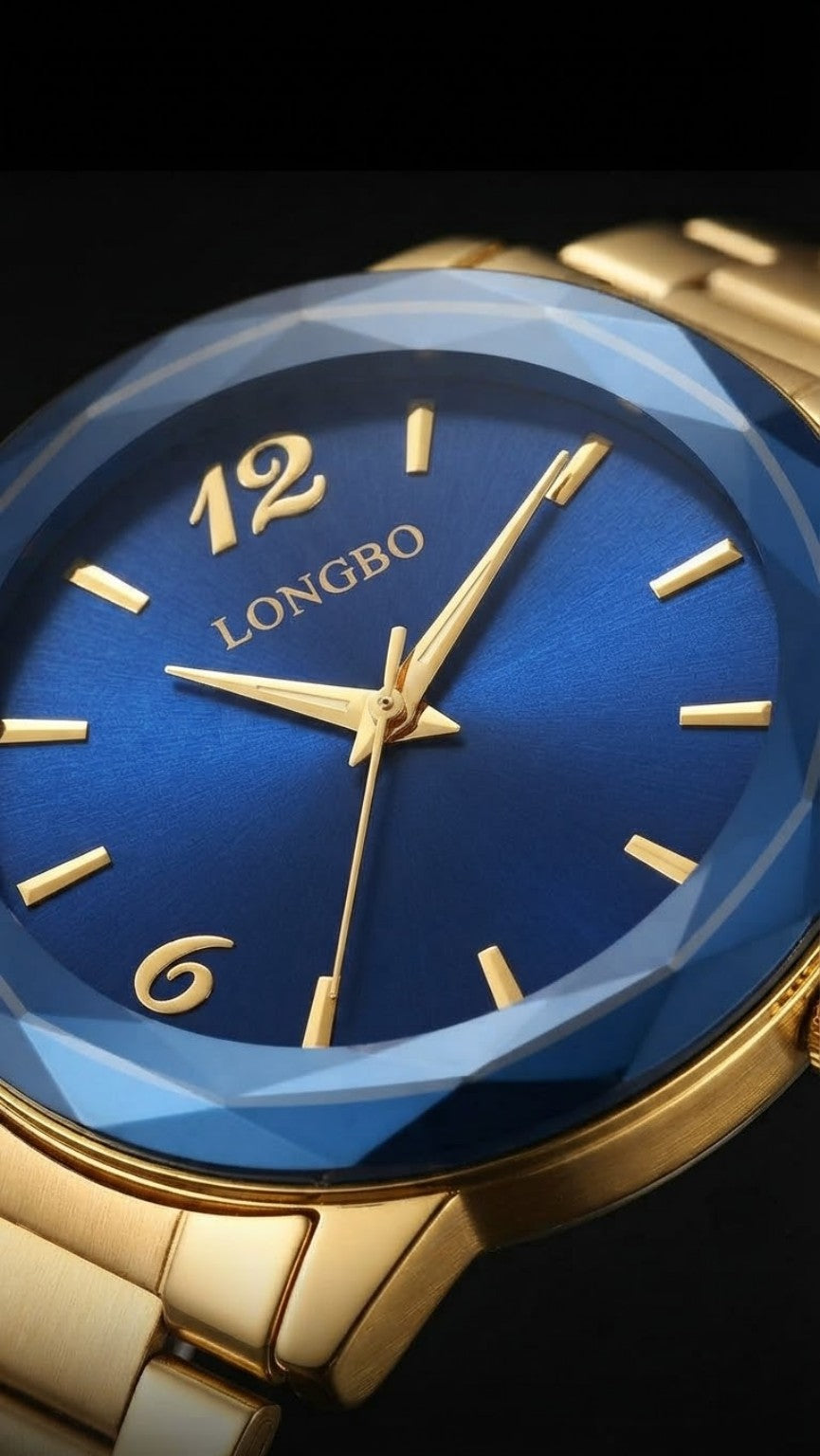 Close-up of a LONGBO men's watch with blue textured dial, gold-tone hands and markers, faceted blue bezel, and gold-tone metal bracelet