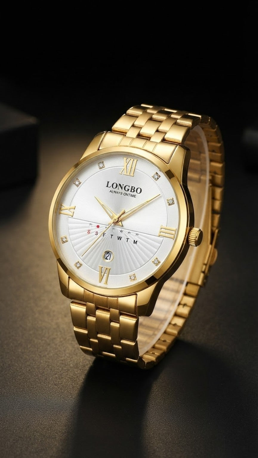 LONGBO gold-tone men's wristwatch with white textured dial, gold Roman numeral hour markers, decorative crystal-style indices, and gold-tone metal link bracelet
